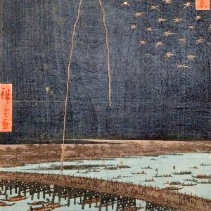 Woodblock print of boats next to a bridge at night with fireworks in the sky.