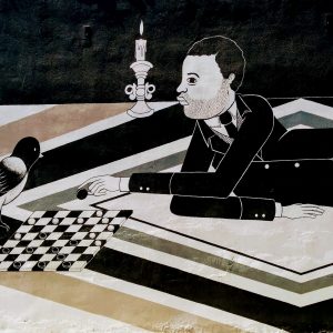 Mural of a man playing checkers with a bird.