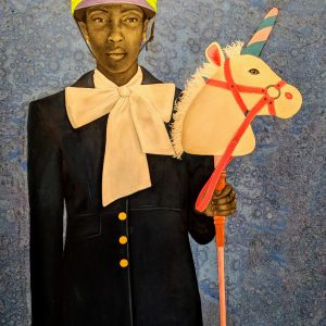 Painting of a woman in horse riding clothes holding a toy of a unicorn head on a stick.