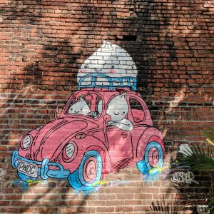 Mural of steamed buns in a car.