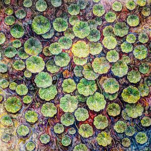 Painting of stylized plant leaves.