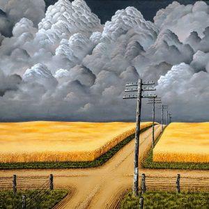 Painting of a wheat field in a storm.Titled Gray And Gold by John Rogers Cox. Painted in 1942.