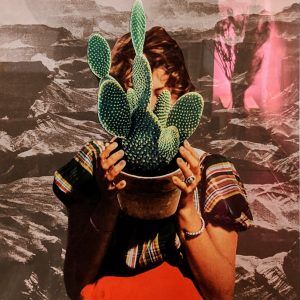 Print of a woman holding a cactus in a pot.