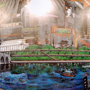 Photo of a wall mural showing a cyberpunk version of the Washington D.C. waterfront.