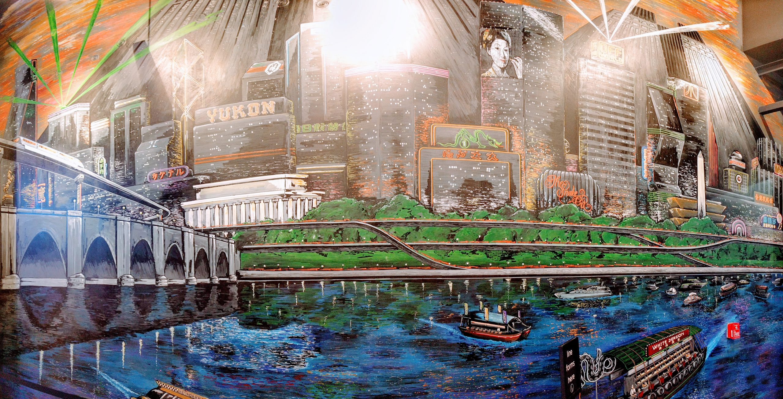 Photo of a wall mural showing a cyberpunk version of the Washington D.C. waterfront.