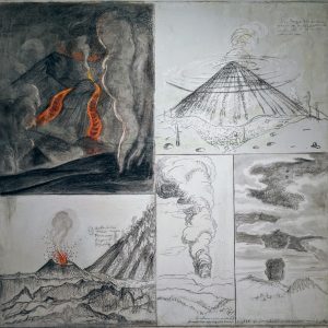 Sketch drawing of a volcano from different perspectives.