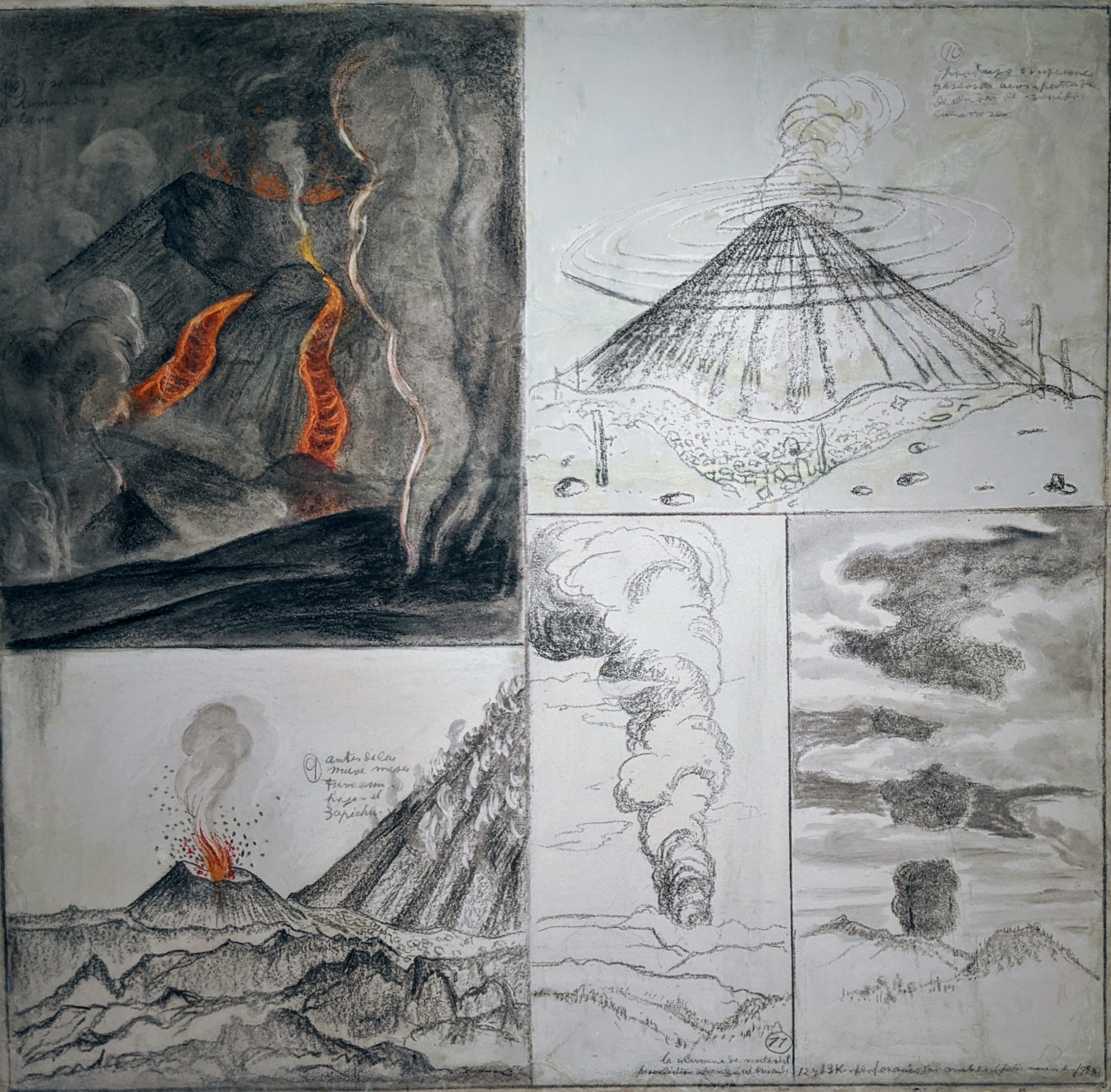 Sketch drawing of a volcano from different perspectives.