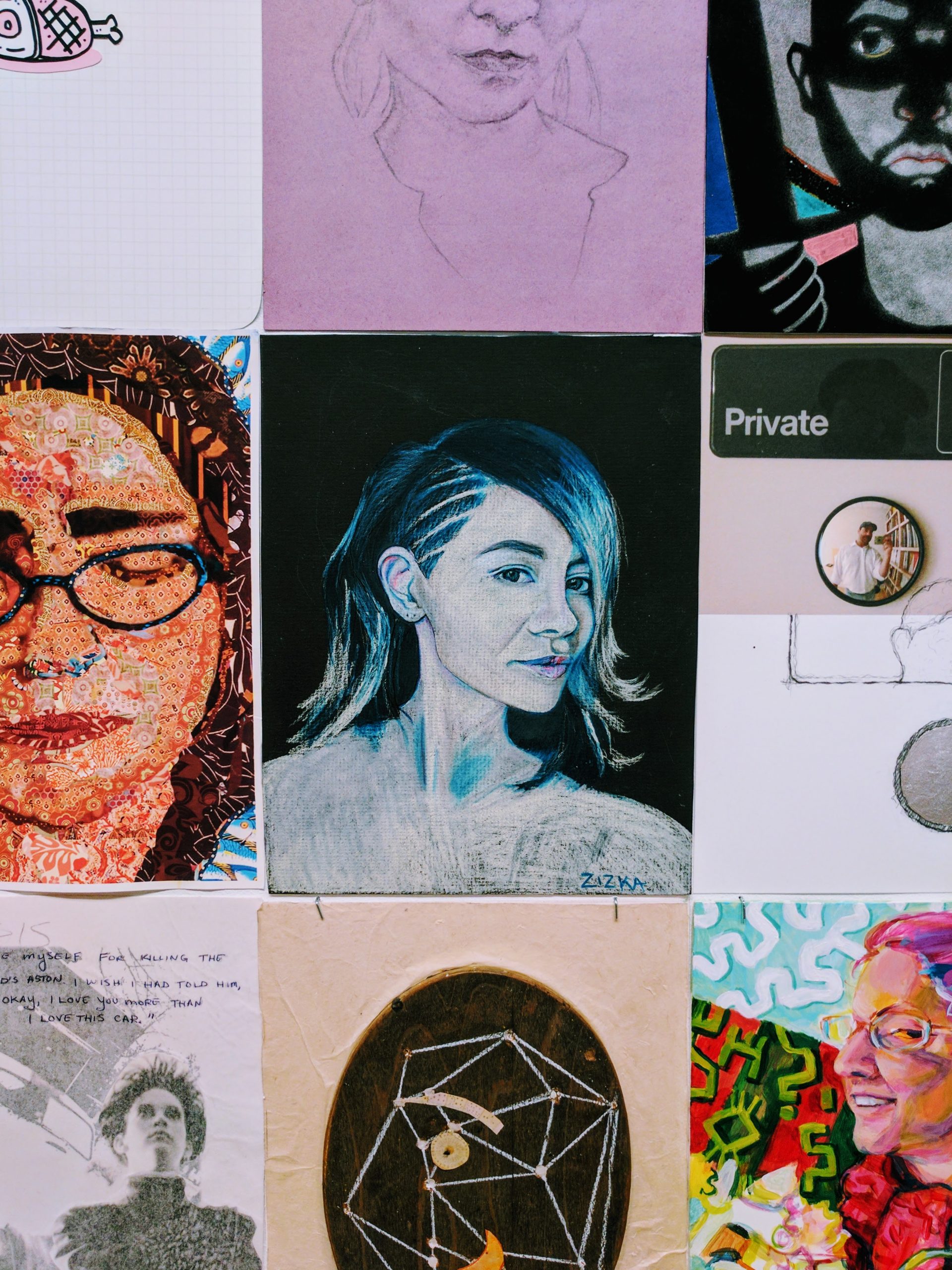 A 3x3 grid of self portrait drawings with a drawing of a young women in the center.
